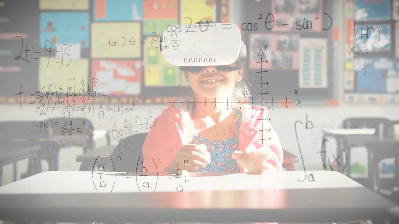 Animation of mathematical formulas over schoolgirl using vr headset