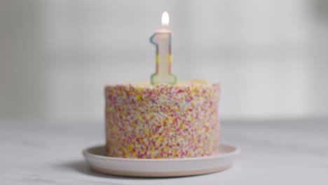 studio shot birthday cake covered with decorations and lit candle celebrating first birthday being blown out