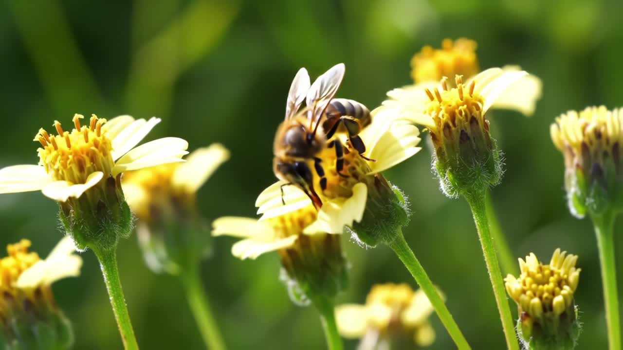 A Captivating Close-Up of a Bee Pollinating Delicate Yellow Flowers in a Lush Green Natural Environment, Showcasing the Beauty of Nature's Interconnected Ecosystem