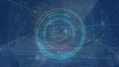 Animation-of-network-of-connections,-neon-round-scanner-against-doctor-examining-a-patient