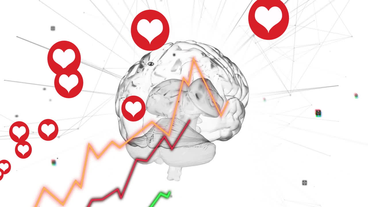 Animation of brain with heart icons and fluctuating graph lines overlaid