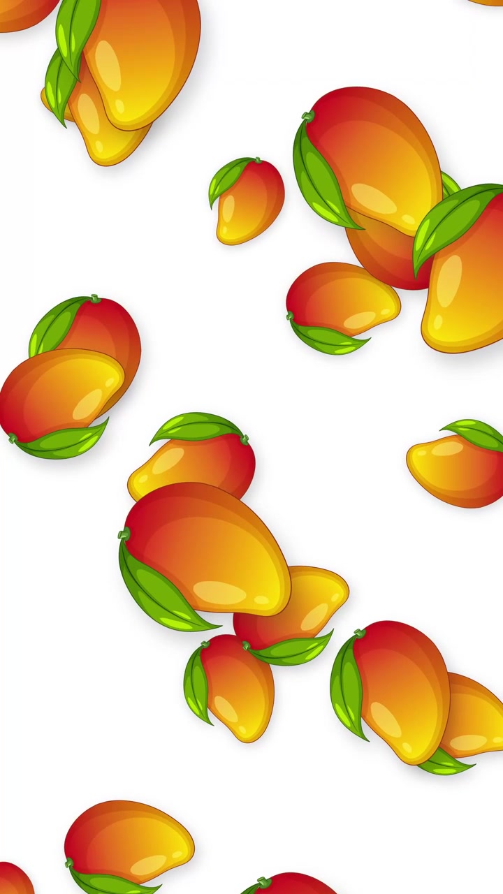 Mango illustrati colorati cadono verticalmente in un ciclo continuo su uno sfondo bianco pulito