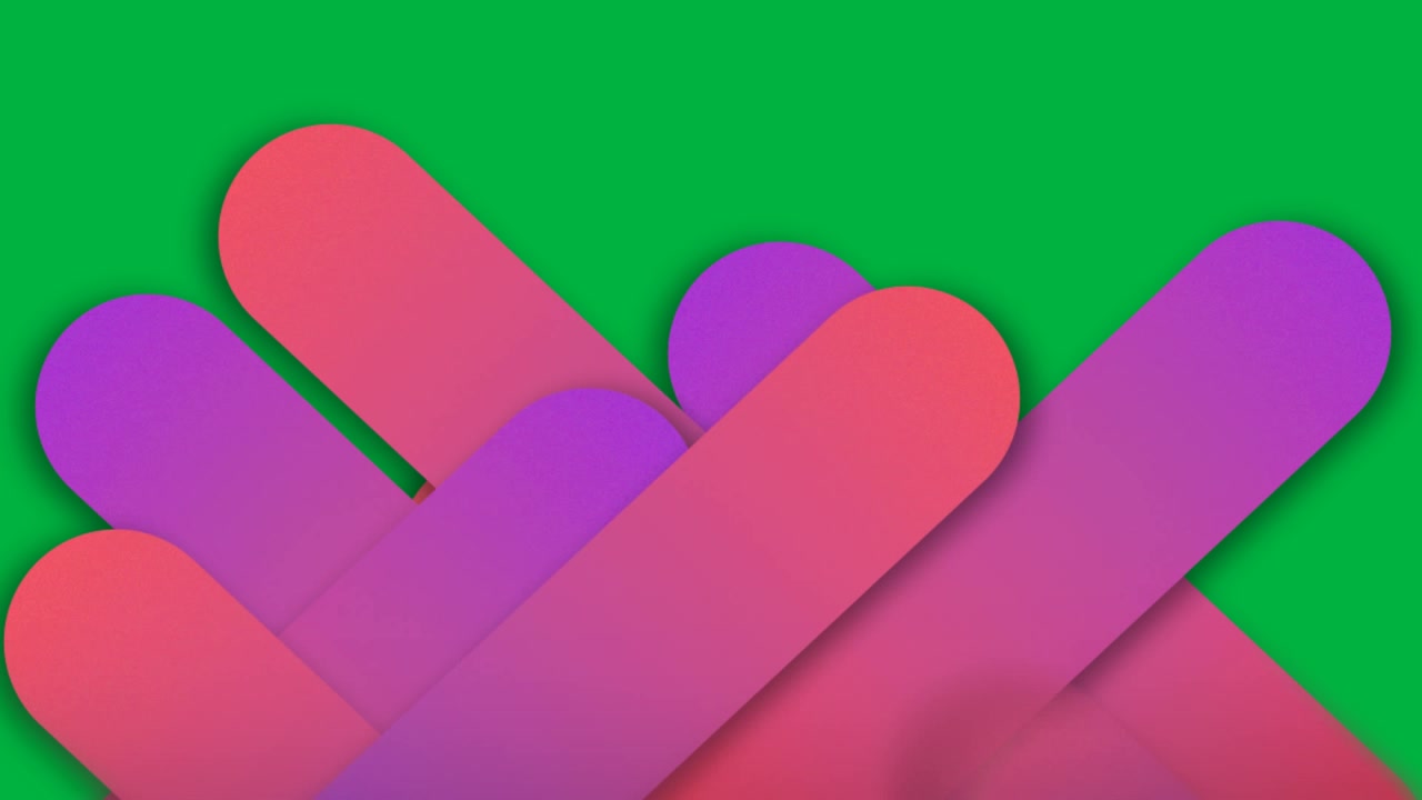 Pillola magenta-viola che scivola dall'alto a destra, barre che si intrecciano, tirano e rivelano un quadrato, su sfondo trasparente