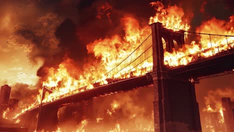 a large bridge on fire in the middle of a city