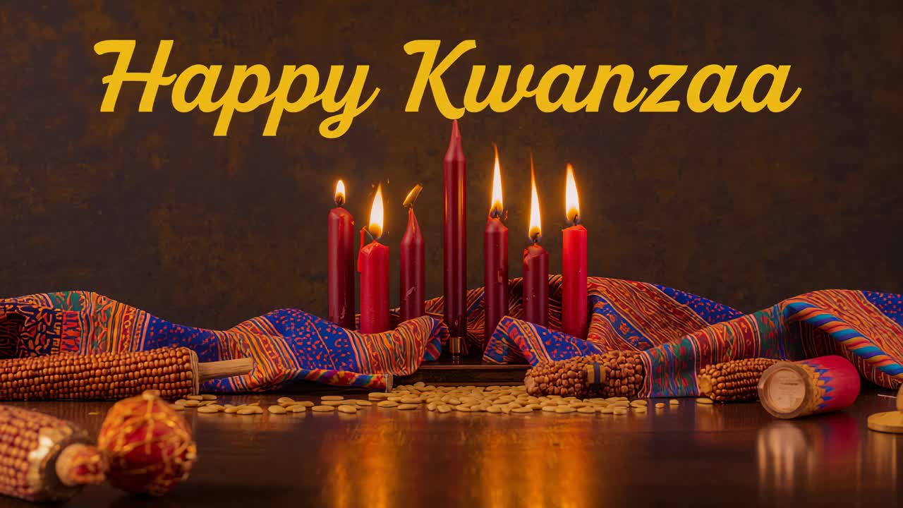 Flickering kinara holding seven lit candles, frames advancing showing flames changing on wood table