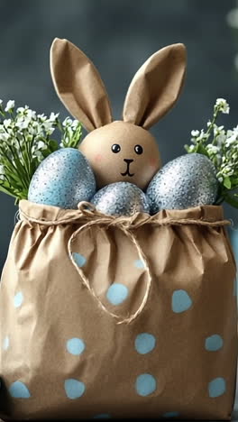 pastel easter display. a cute arrangement features a bunny surrounded by decorated eggs and flowers in a basket, celebrating easter.