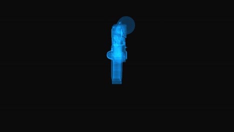 glock gun wireframe scheme. 3d render with blue grid lines. loop rotation on black background.