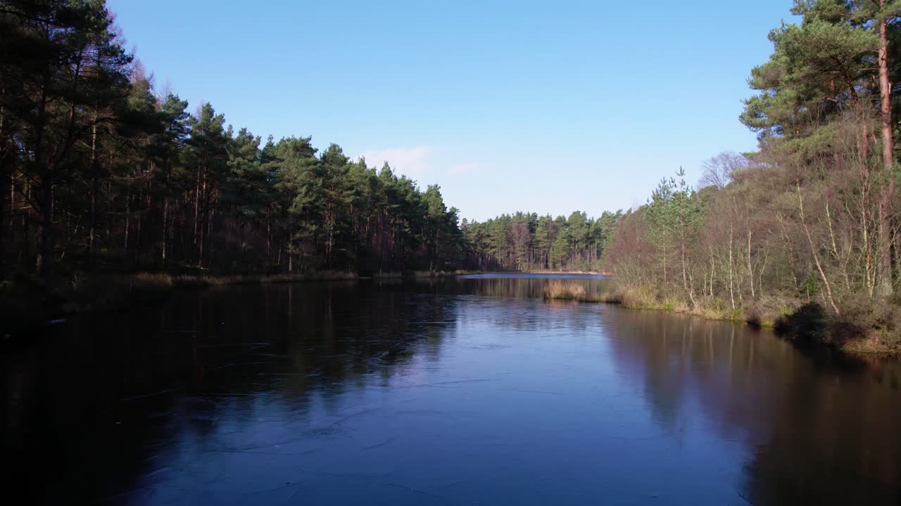 кинематографические кадры полета беспилотного летательного аппарата в обратном направлении над замерзшим лохом, окруженным лесопосадкой из местных шотландских сосен и берез в шотландии с ясным голубым небом зимой