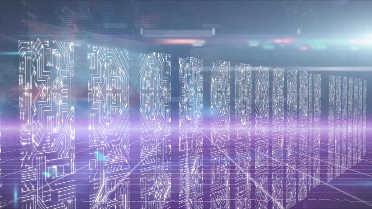 Animation of light trails over columns with computer circuit board
