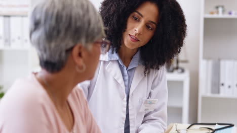senior woman, doctor talk and medical consultation