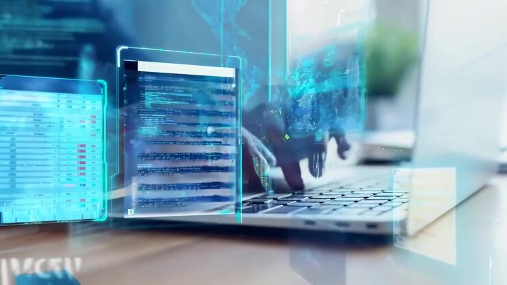 Hands Typing on Laptop with Futuristic Holographic Code Interface