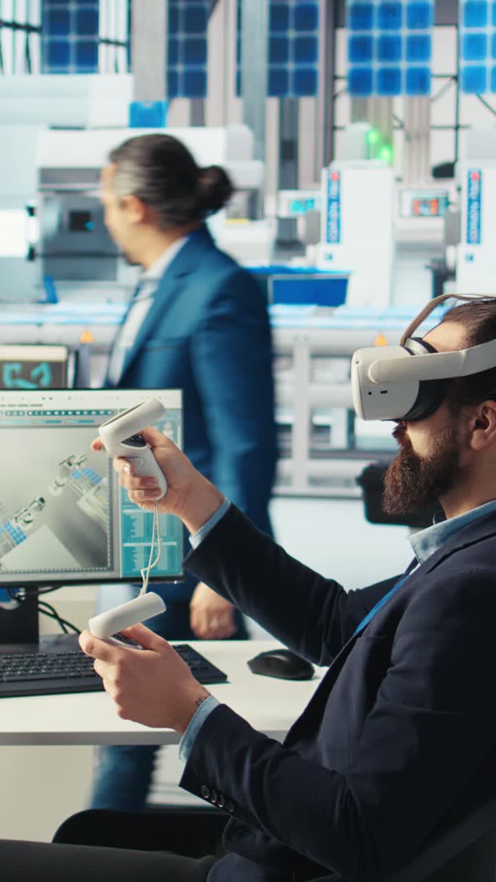 Vertical Video Engineer In Photovoltaics Factory Using Vr Headset To Diagnose Systems