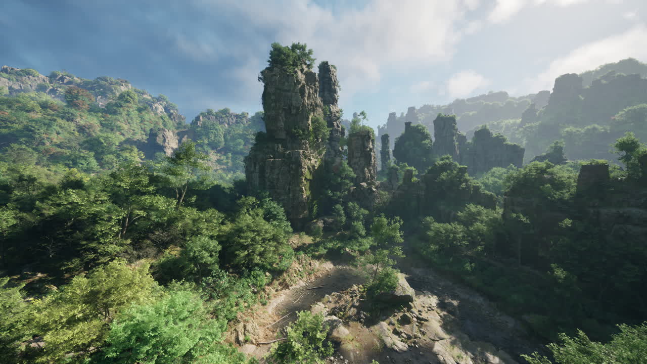 un valle verde y exuberante con espectaculares formaciones rocosas