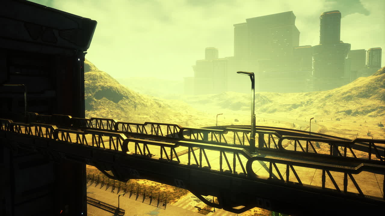 구부러진 다리와 건물이 있는 도시 풍경 위의 노란 하늘