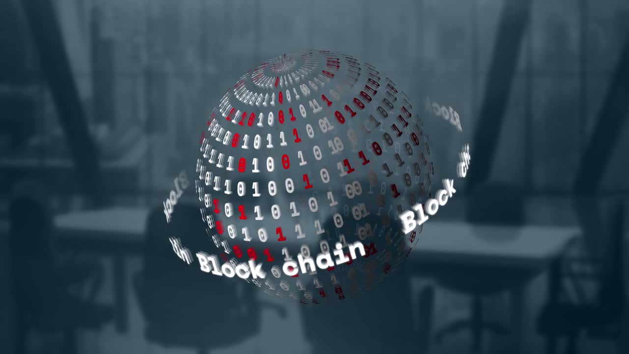 블록 체인 텍스트 배너와 바이너리 코딩의 애니메이션이 비어있는 사무실에 대해 회전하는 지구를 가로질러