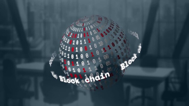 Animation of block chain text banner and binary coding over spinning globe against empty office
