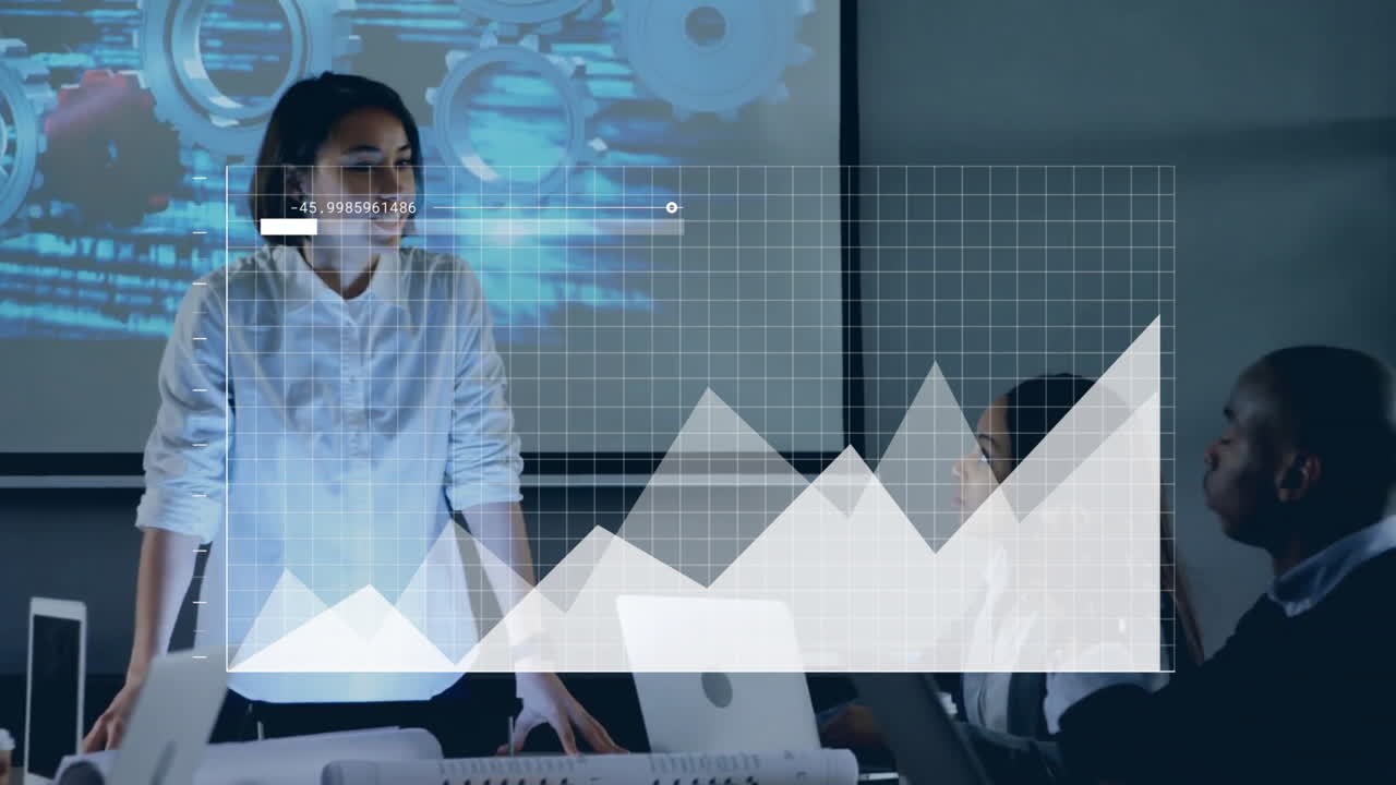 animación del procesamiento de datos financieros sobre diversas personas de negocios en la oficina