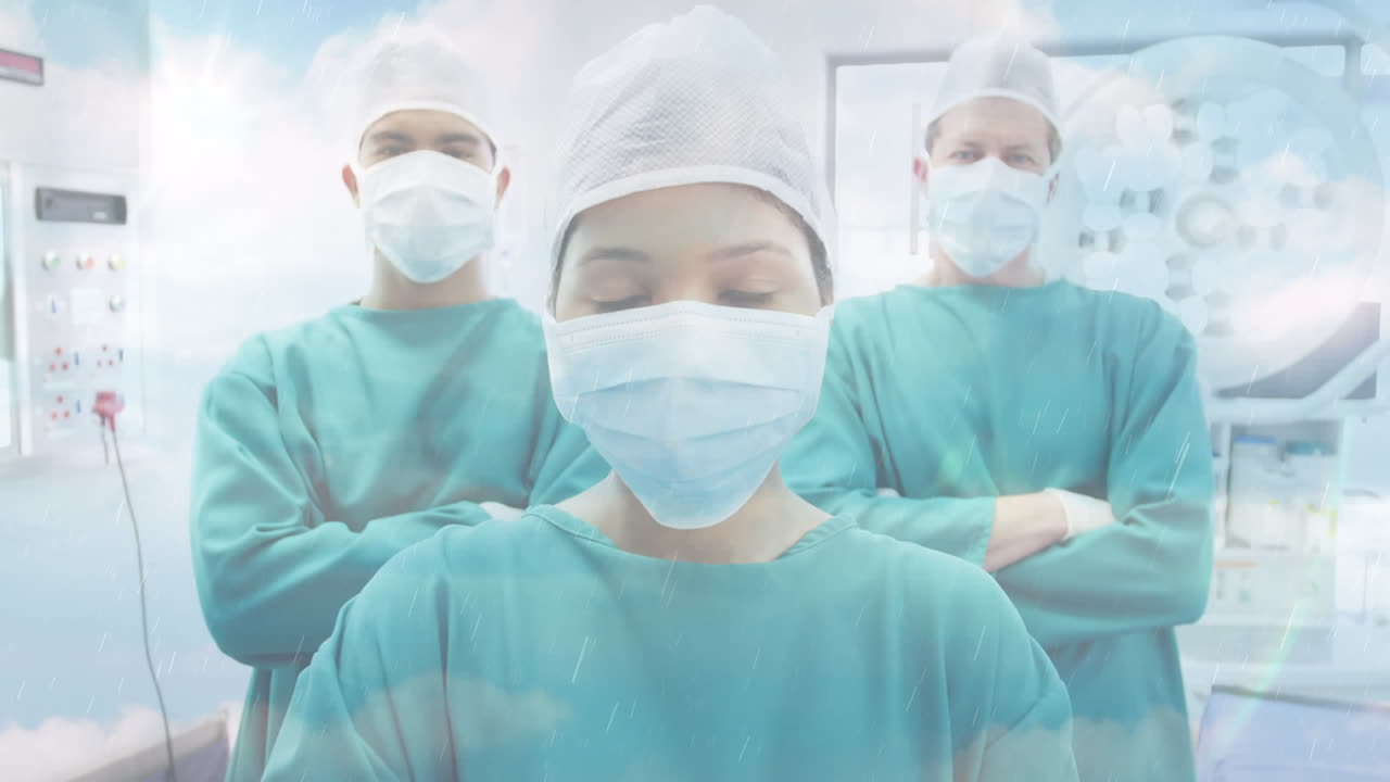 병원에서 얼굴 마스크를 쓰고 있는 외과 의사들 위의 구름과 하늘의 애니메이션
