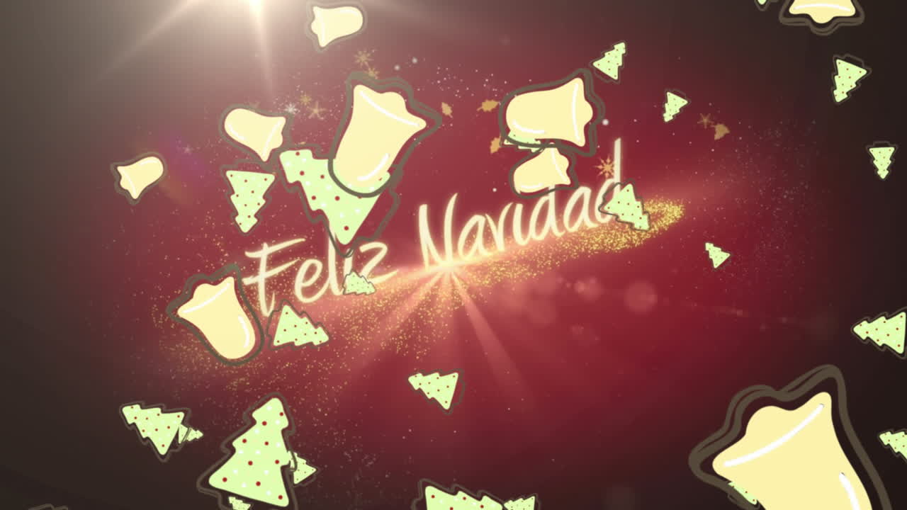animación de texto de feliz navidad y campanas de navidad cayendo sobre fondo rojo