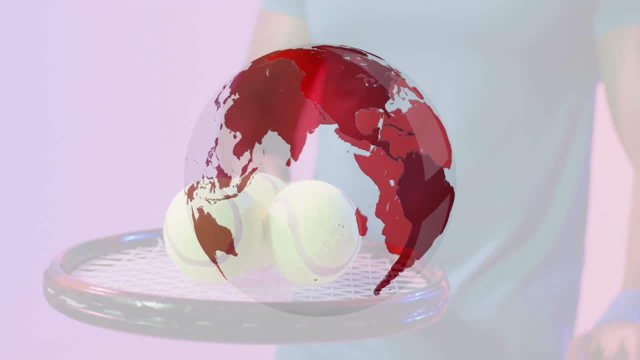 Red world map animation overlaying tennis player with racket and balls in background