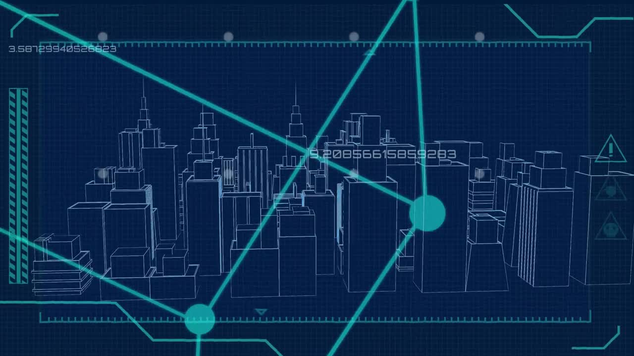 파란색 배경에 있는 도시의 3차원 건축 모델에 대한 큐브 회전
