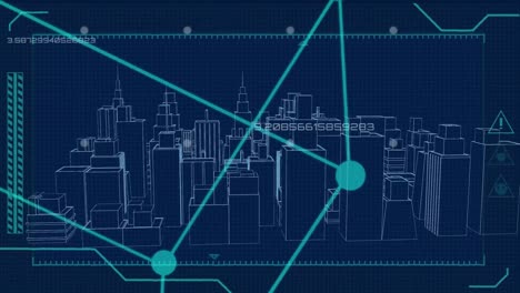 cube rotation over 3d architectural model of city on blue background