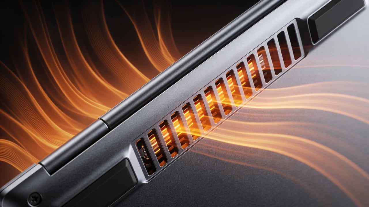 Vertical video: Laptop vent hinge emitting orange flow upon CPU spike, showing cooling in tech demo