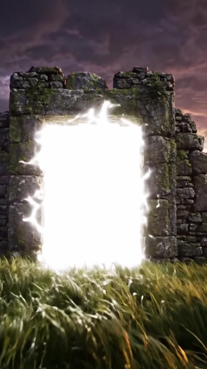 En mystisk portal dukker opp fra ruiner midt i et fredfylt landskap, som inviterer til utforskning og undring under en dramatisk himmel fylt med skyer og lys