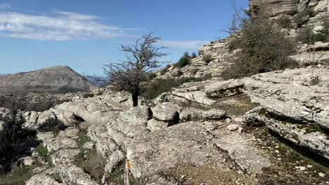 breve recorrido por una zona montañosa de caminos rocosos a través del paisaje kárstico en el torcal de antequera, españa