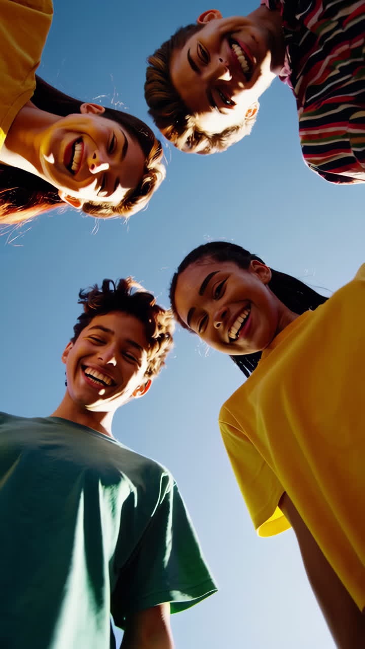 Young diverse friends smiling and laughing together under a blue sky