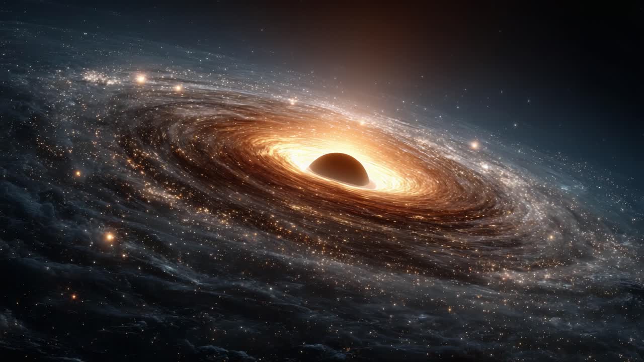 A Stunning Cosmic Display: Observing the Mystery of a Black Hole Surrounded by Twinkling Stars and Galactic Swirls in an Enigmatic Universe