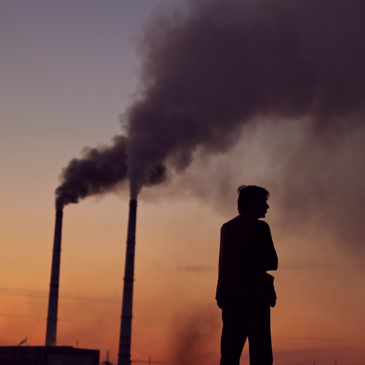 Massive dark smoke going from pipes at sunset. Silhouette of a man standing against the evening sky with dirty dense emissions in the air. Air pollution.
