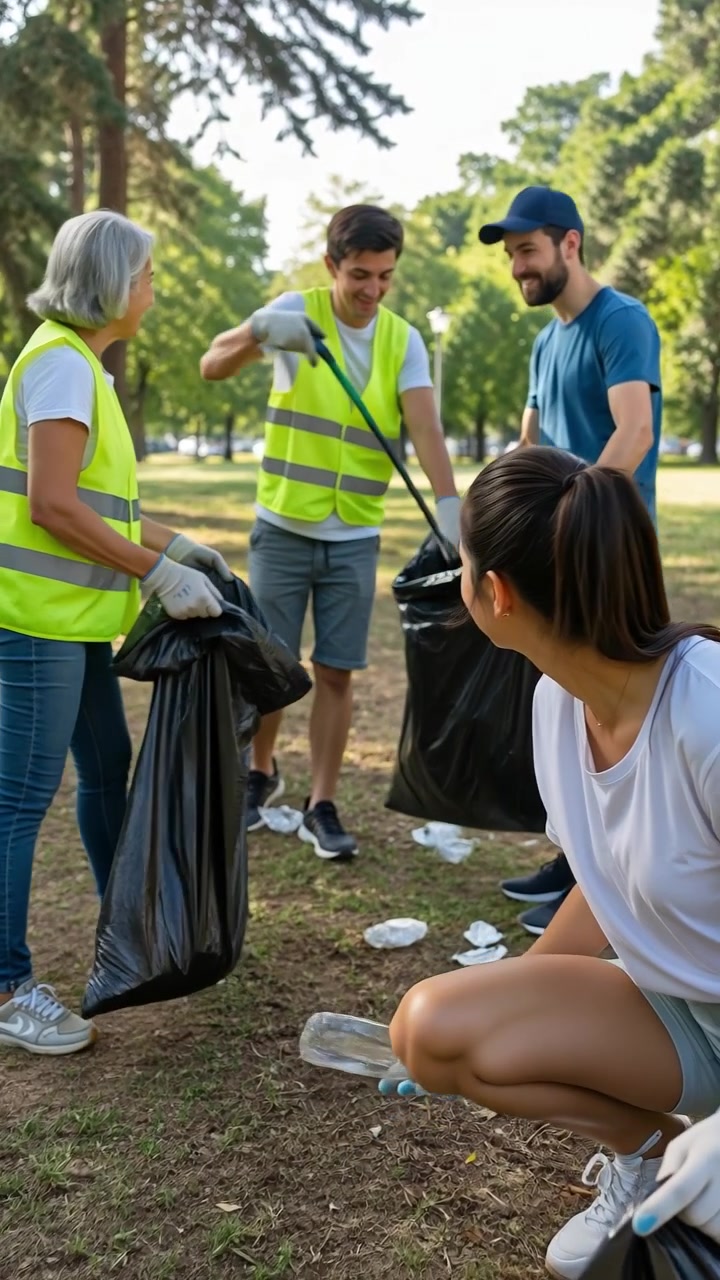 Diverse group of volunteers picking up litter and plastic waste in a sunny public park for environmental cleanup