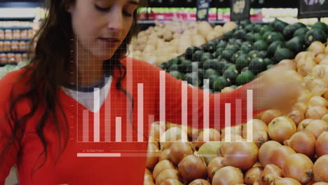 animation of financial data processing over caucasian woman grocery shopping