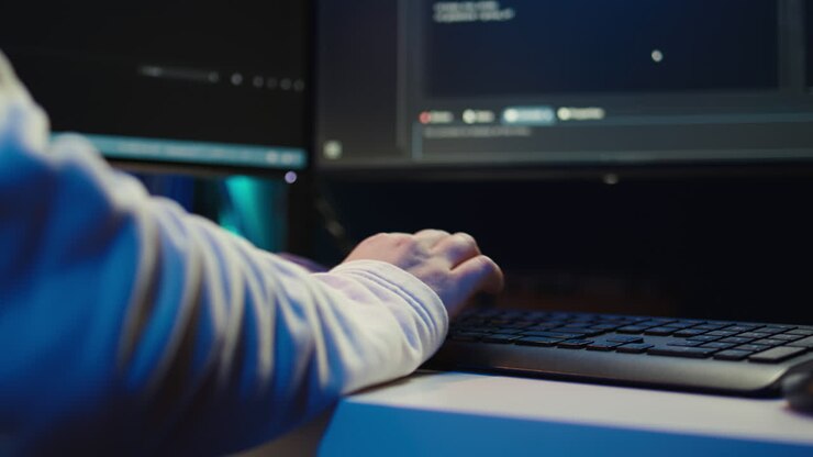 Technician doing software quality assurance, reading source code on PC