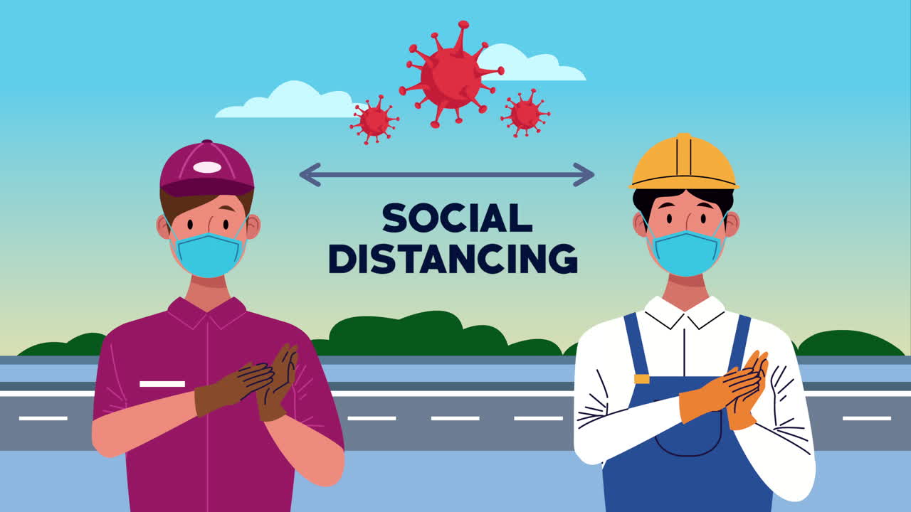delivery worker and builder with social distancing message campaign