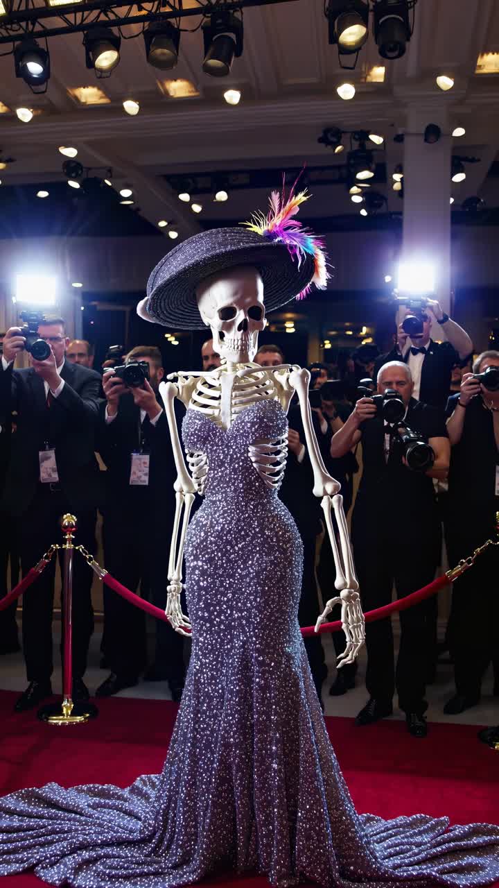 Skeleton model showcasing glamorous gown on red carpet with photographers capturing the moment