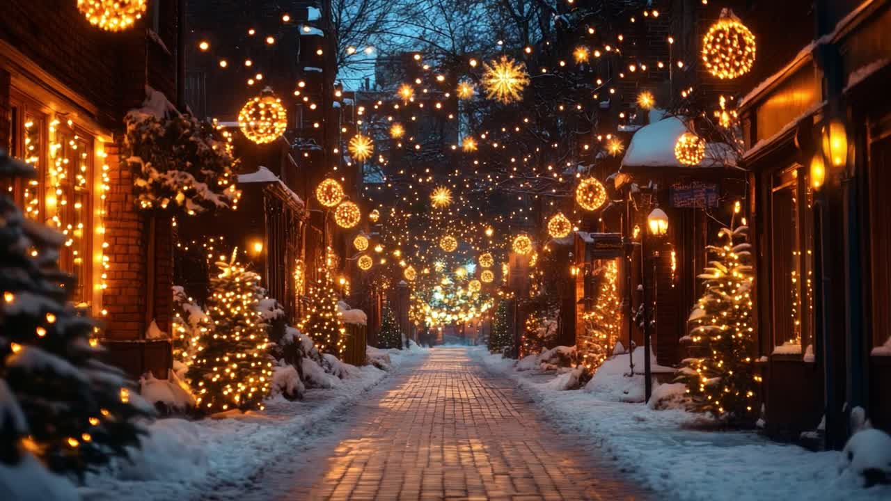 Festive winter street scene with Christmas lights and snow