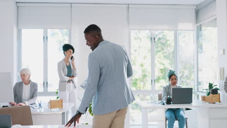 fist bump, team building or men walking in office