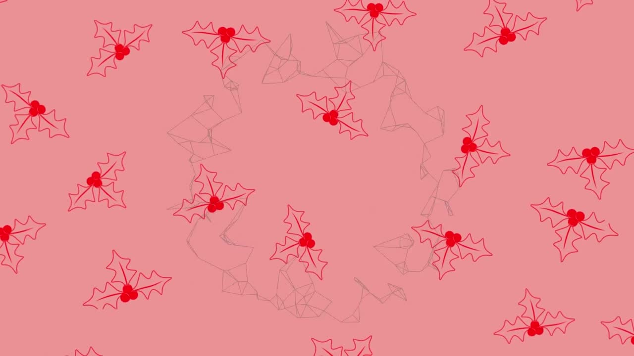 Animazione di motivo di agrifoglio natalizio su rete di connessioni su sfondo rosa