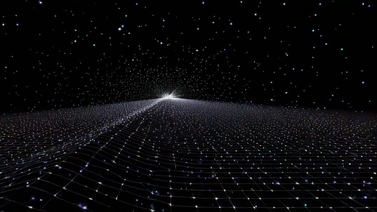 A mesmerizing visualization of a cosmic expanse, illustrating an infinite grid of stars and light converging towards a radiant point in the distance, creating a stunningly beautiful representation of the universe