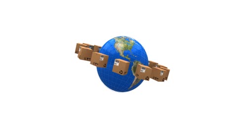 animation of globe and surrounded by cardboard boxes moving on white background