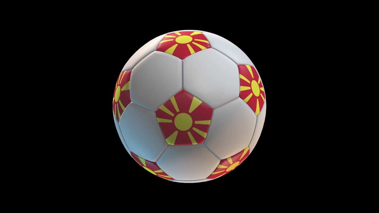 Soccer ball with flag FYR Macedonia, on black background loop alpha. 3D Rendering