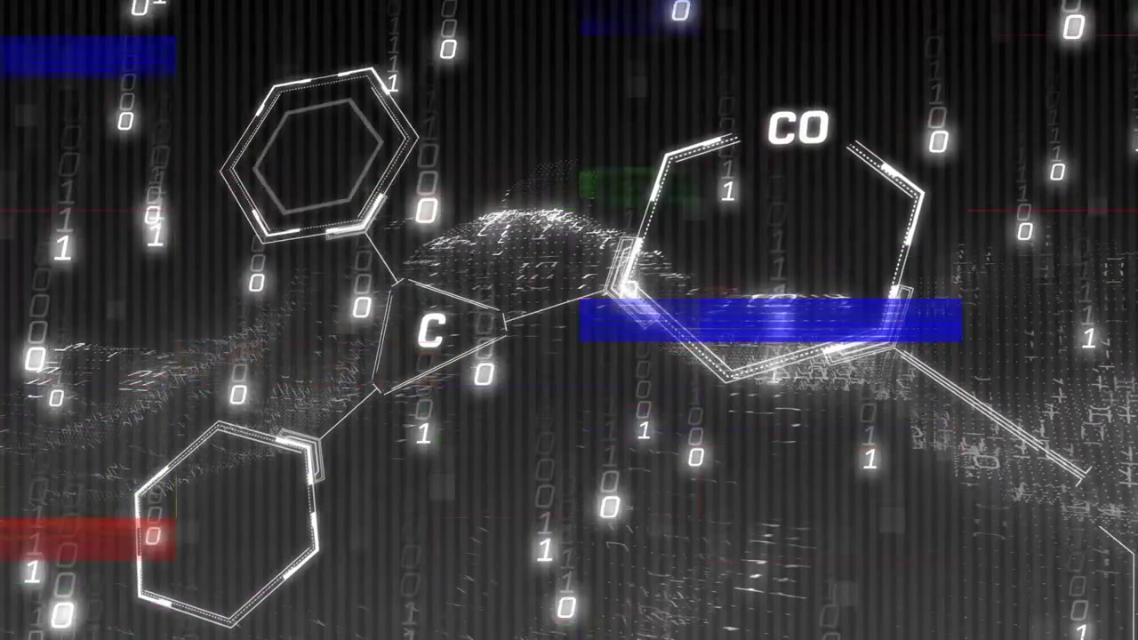 Sliding bars initiating binary rain rotating hexagons linking lines into labeled molecule network