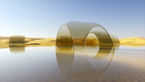 futuristic transparent arches reflected in a desert oasis