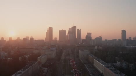 morning sun on a foggy morning in warsaw. drone shoot