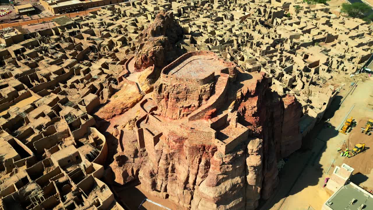 Drone shot castle or fortress in AlUla ancient city in Saudi Arabia