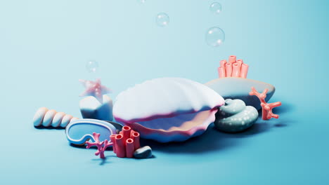 concha de vieira bajo el agua con estilo de dibujos animados, renderización 3d.