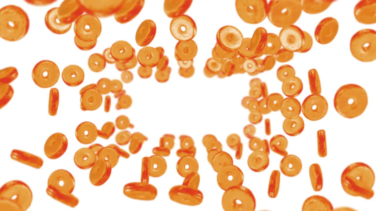 색 배경에 많은 평평한 도을 날아. 도 케이크, 과자, 디저트. 도 회전의 3d 애니메이션. 루프 애니메이션.