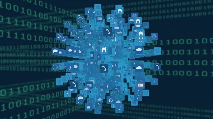Internet icons and symbols in the shape of a sphere